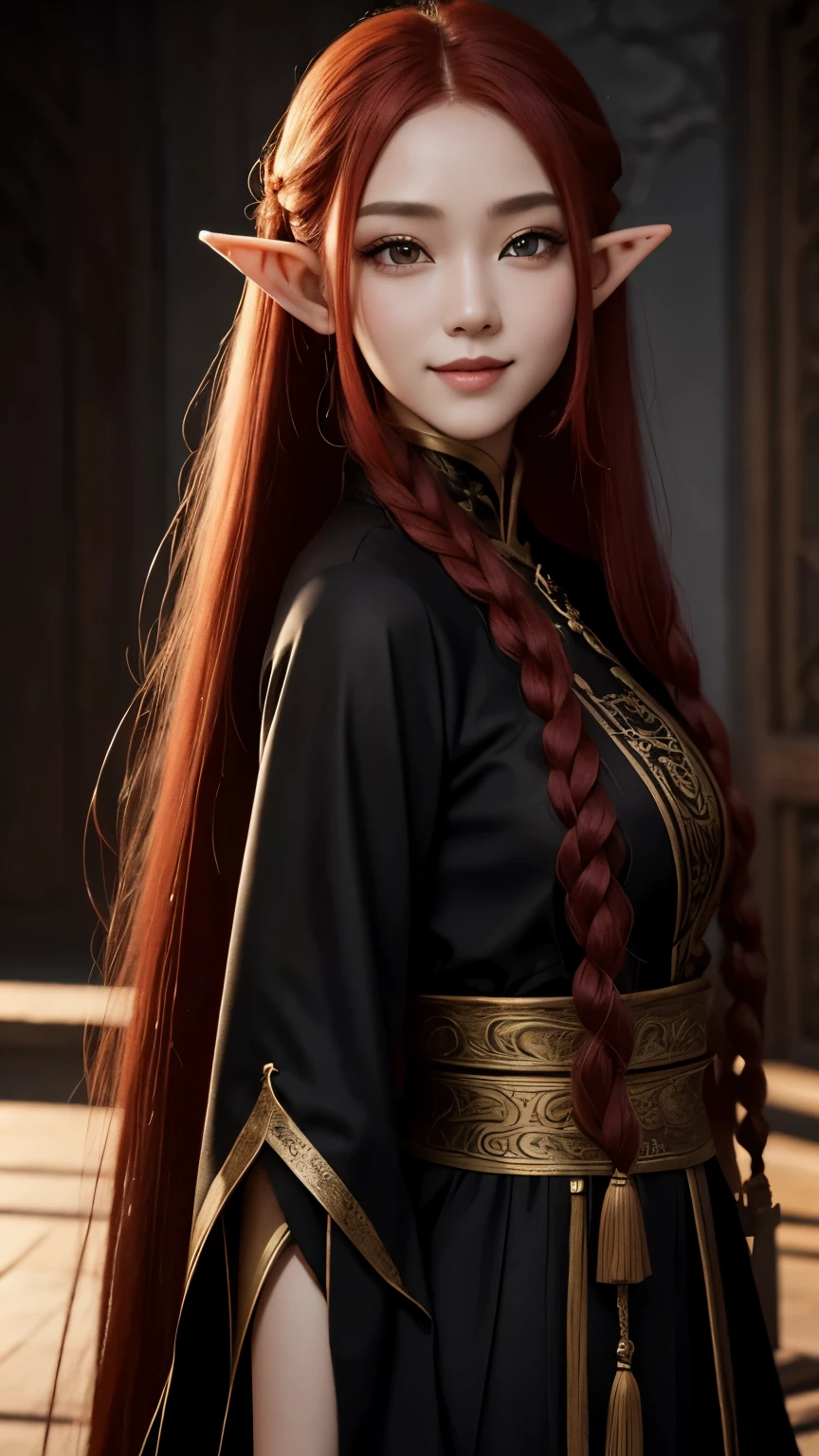 An elf woman with long braided red hair, Cat eyes, Smiling thin lips, Simple makeup, Wearing plain black Chinese clothes, Covered clothes, Looking at the viewer, Half body photoshoot, Detailed eyes, Highres, Masterpiece.