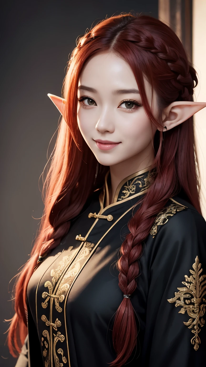 An elf woman with long braided red hair, Cat eyes, Smiling thin lips, Simple makeup, Wearing plain black Chinese clothes, Covered clothes, Looking at the viewer, Half body photoshoot, Detailed eyes, Highres, Masterpiece.