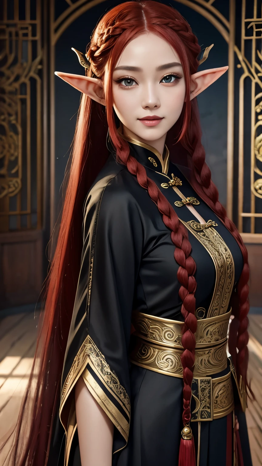An elf woman with long braided red hair, Cat eyes, Smiling thin lips, Simple makeup, Wearing plain black Chinese clothes, Covered clothes, Looking at the viewer, Half body photoshoot, Detailed eyes, Highres, Masterpiece.