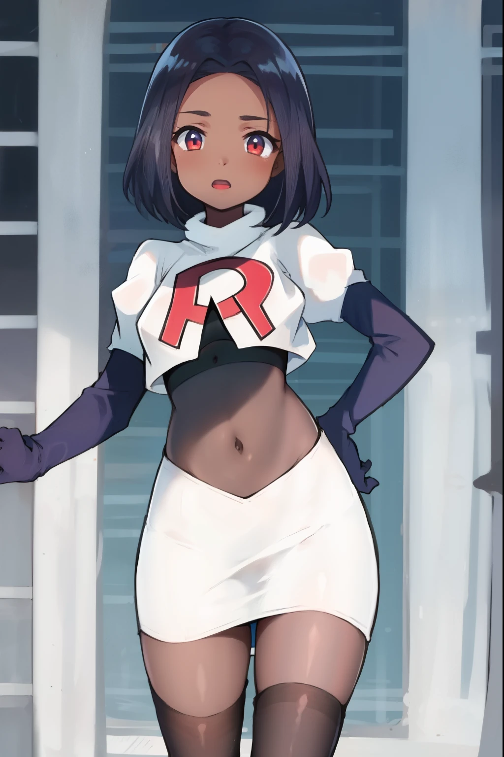 absurdres,masterpiece, best quality, highres, high quality, 1girl, dark skin,team rocket,team rocket uniform,white skirt,red letter R,crop top,black thigh-highs,black elbow gloves,