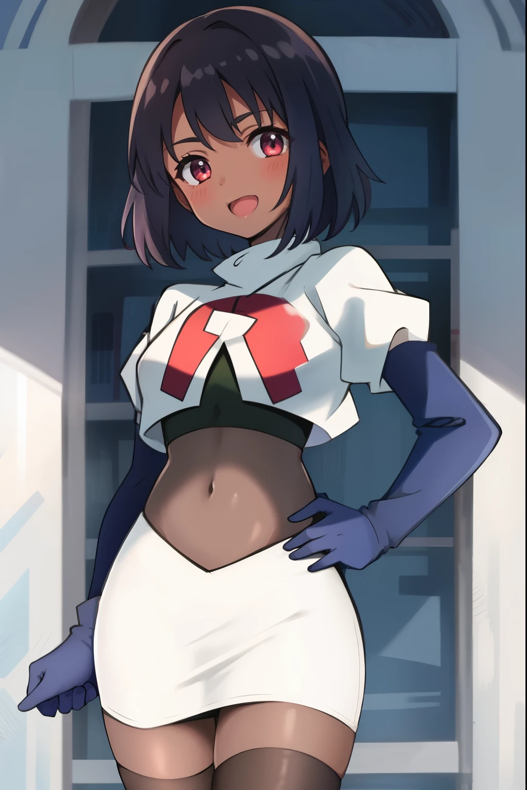 absurdres,masterpiece, best quality, highres, high quality, 1girl, dark skin,team rocket,team rocket uniform,white skirt,red letter R,crop top,black thigh-highs,black elbow gloves,