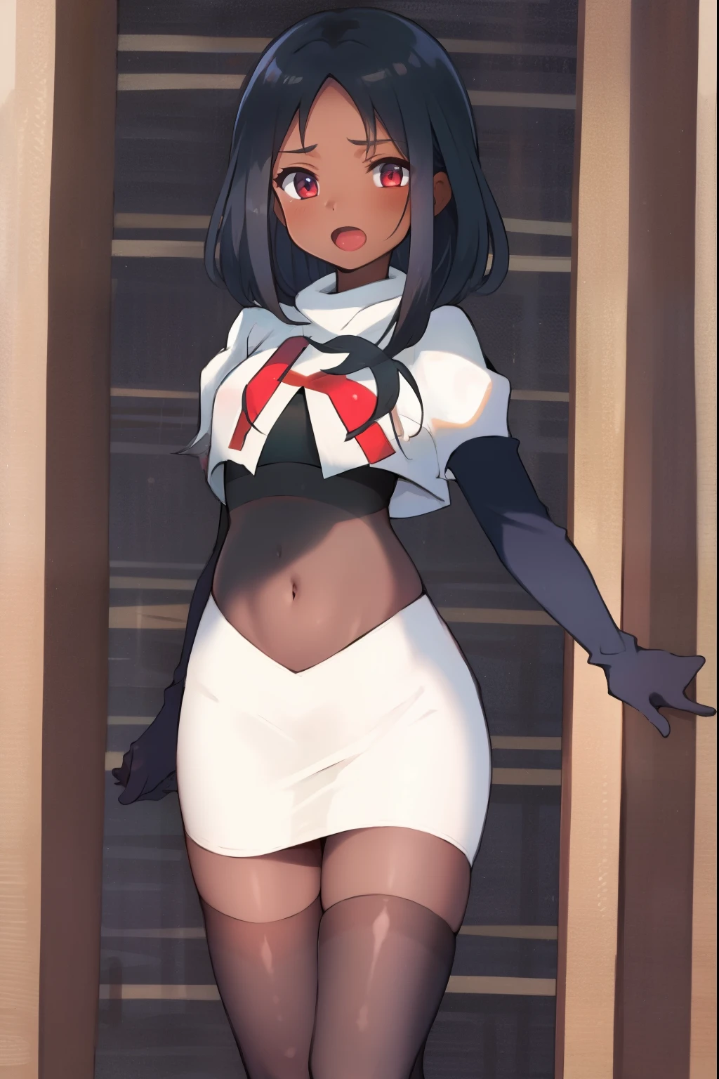 absurdres,masterpiece, best quality, highres, high quality, 1girl, dark skin,team rocket,team rocket uniform,white skirt,red letter R,crop top,black thigh-highs,black elbow gloves,