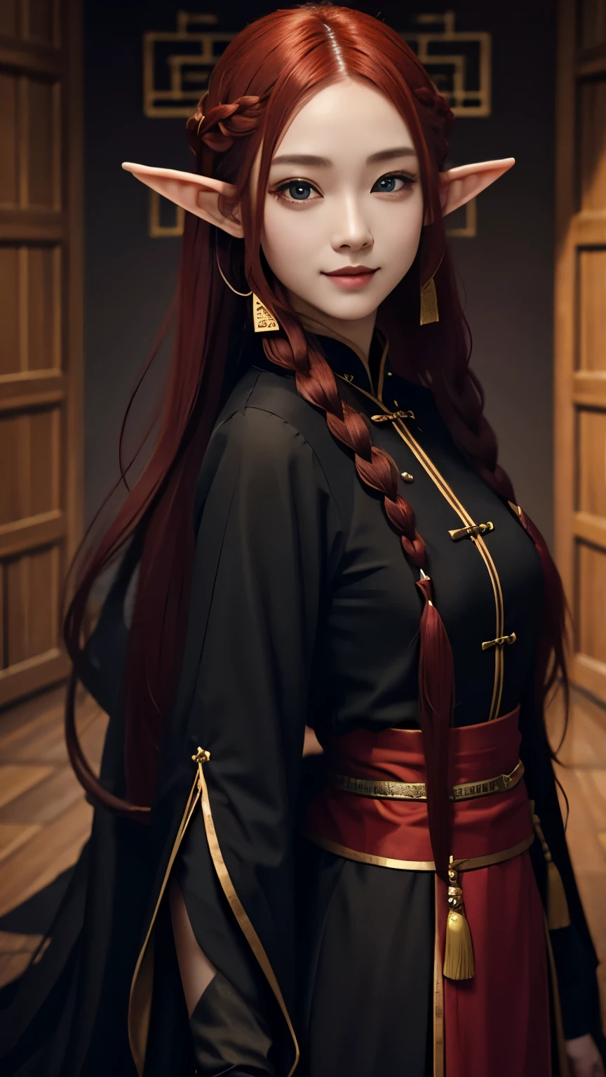An elf woman with long braided red hair, Cat eyes, Smiling thin lips, Simple makeup, Wearing plain black Chinese clothes, Covered clothes, Looking at the viewer, Half body photoshoot, Detailed eyes, Highres, Masterpiece.