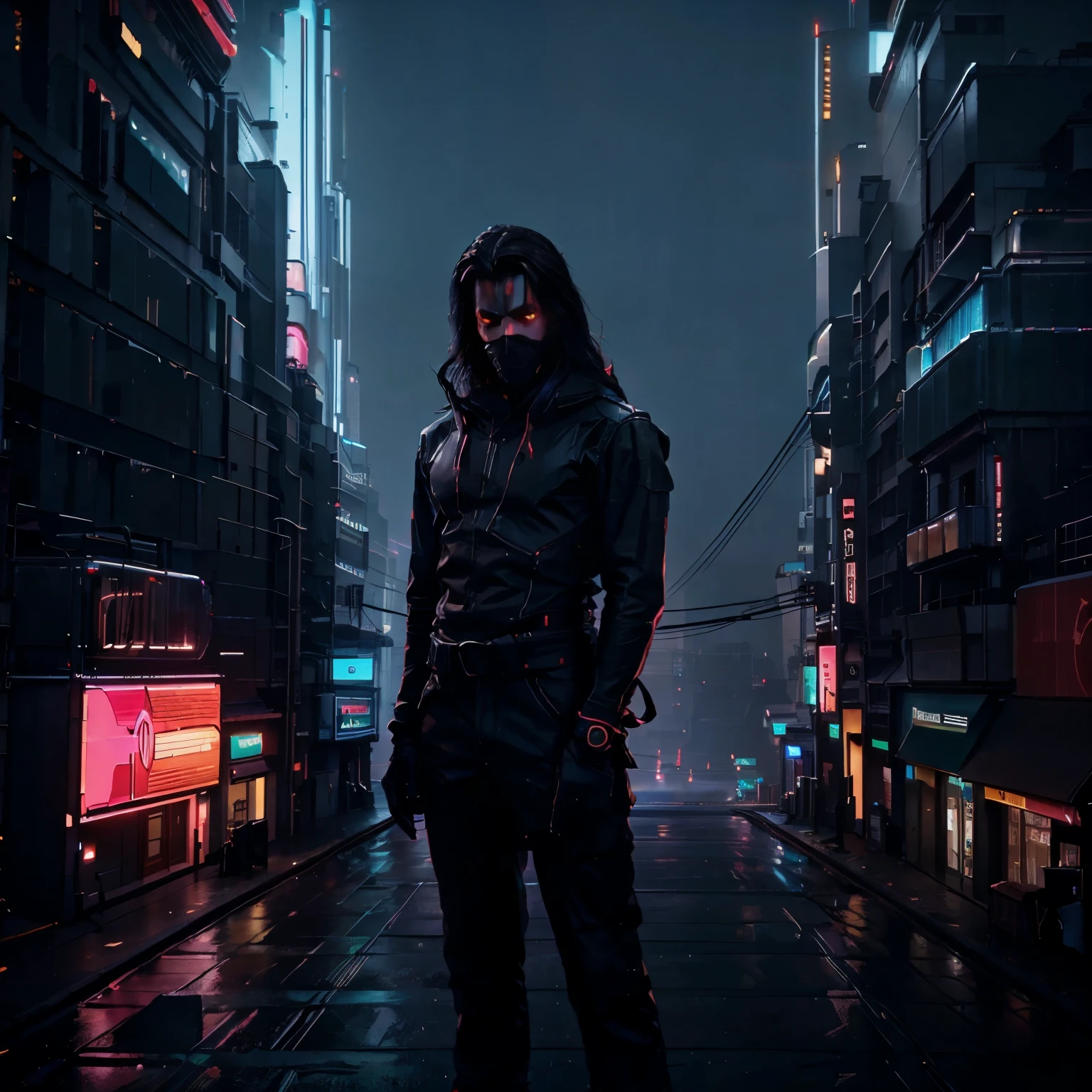 A black shadowy figure of a man on a roof of a tall neon building in a dark neon tone city. Cars driving down the road and the moon dimly shines light down upon the city. There are several puddles in the city that reflect the neon lights even more. The man has his legs dangling of of the rooftop. As if he’s just observing the beauty of the world