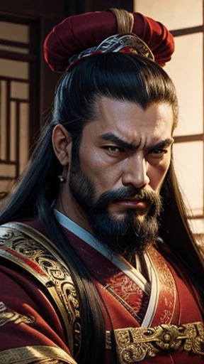 oriental、man in ancient chinese clothes、ancient chinese hairstyle man、three kingdom、multiple warlords、highest quality、masterpiece、ultra high resolution、(realistic:1.4)、game poster、Clear and beautiful image quality、Red clothes、long beard、Embroidered cloth wrapped in a topknot、indoor、angry face、There's a desk in front of you