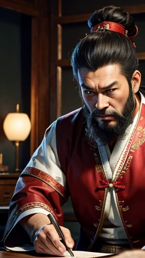 oriental、man in ancient chinese clothes、ancient chinese hairstyle man、three kingdom、multiple warlords、highest quality、masterpiece、ultra high resolution、(realistic:1.4)、game poster、Clear and beautiful image quality、Red clothes、long beard、Embroidered cloth wrapped in a topknot、indoor、angry face、There&#39;s a desk in front of you