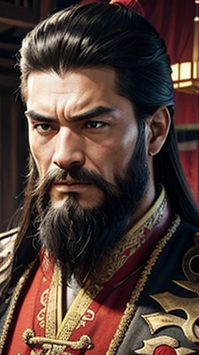 oriental、man in ancient chinese clothes、ancient chinese hairstyle man、three kingdom、multiple warlords、highest quality、masterpiece、ultra high resolution、(realistic:1.4)、game poster、Clear and beautiful image quality、Red clothes、long beard、Embroidered cloth wrapped in a topknot、indoor、angry face、There&#39;s a desk in front of you