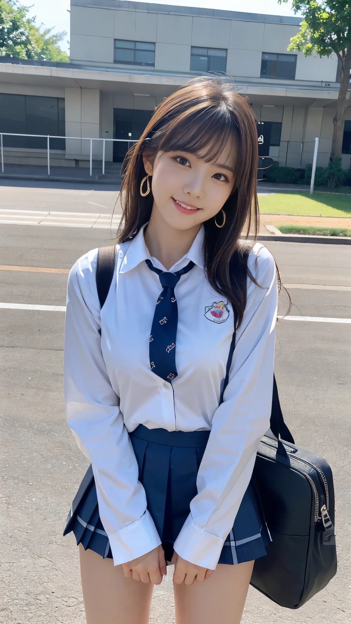mix 4, (16K, Raw photo, best image quality, masterpiece: 1.45), (realistic, Photoreal: 1.37), one girl, cute, cityscape,, professional lighting, photon mapping, school classroom, Physically based rendering, dark brown hair,ponytail hairstyle, Beautiful well-groomed eyes、((double eyelid))、super cute girl, (((school uniform、blazer、Long-sleeved shirts worn by Japanese high school girls、ribbon tie、Navy blue super super super mini skirt,、dark blue socks、black loafers))), highest quality photos, High resolution, 1080P, (clear face), (Detailed facial description), (detailed description of hands), (masterpiece), (Detailed CG)、extreme light and shadow、messy hair、master work、Rich details、(detailed facial features)、(highest quality photos)、(Masseter muscle part)、(detailed eye)、look in front of you、thin clavicle、((slender and big))、(((Japanese high school girls wear long-sleeved shirts)))、((neat idol))、((school gate、schoolyard、School building in the background))、(Take photos from random viewpoints)、(((Anyway it's cute)))、earrings、big smile、Draw the whole body from the knees、Do not draw fine lines、(((Sports bags used by Japan schoolgirls)))、(small breasts:1.2)、small buttocks with tension、Two arms and two legs、(((from the front:0.7)))、bare hands、(((symmetrical eyes)))、standing pose、put your hands on the desk、Do not remove the tie from the jacket、
