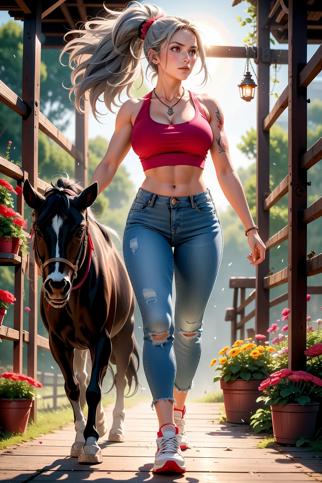 mega realistic, 1girl, solo, ponytail grey hair, red eyes, glowing eyes, crop top, short tight jeans, parted lips, blush, night, flowers, sun, sunlight, very muscular, large breast, walking in the farm, tattoos in the arms, necklace, shy, white sneakers, riding a motorcicle