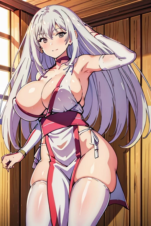 best quality, high resolution, best quality, high resolution, (huge breasts:1.2), leaning forward, sky, from below, 1girl, Masuzu, big breasted, mature woman, grown up, white tunic, pelvic curtain, pink obi, cleavage, bridal gauntlets, elbow gloves, red choker, dancing seductively, smiling joyfully, looking at viewer
