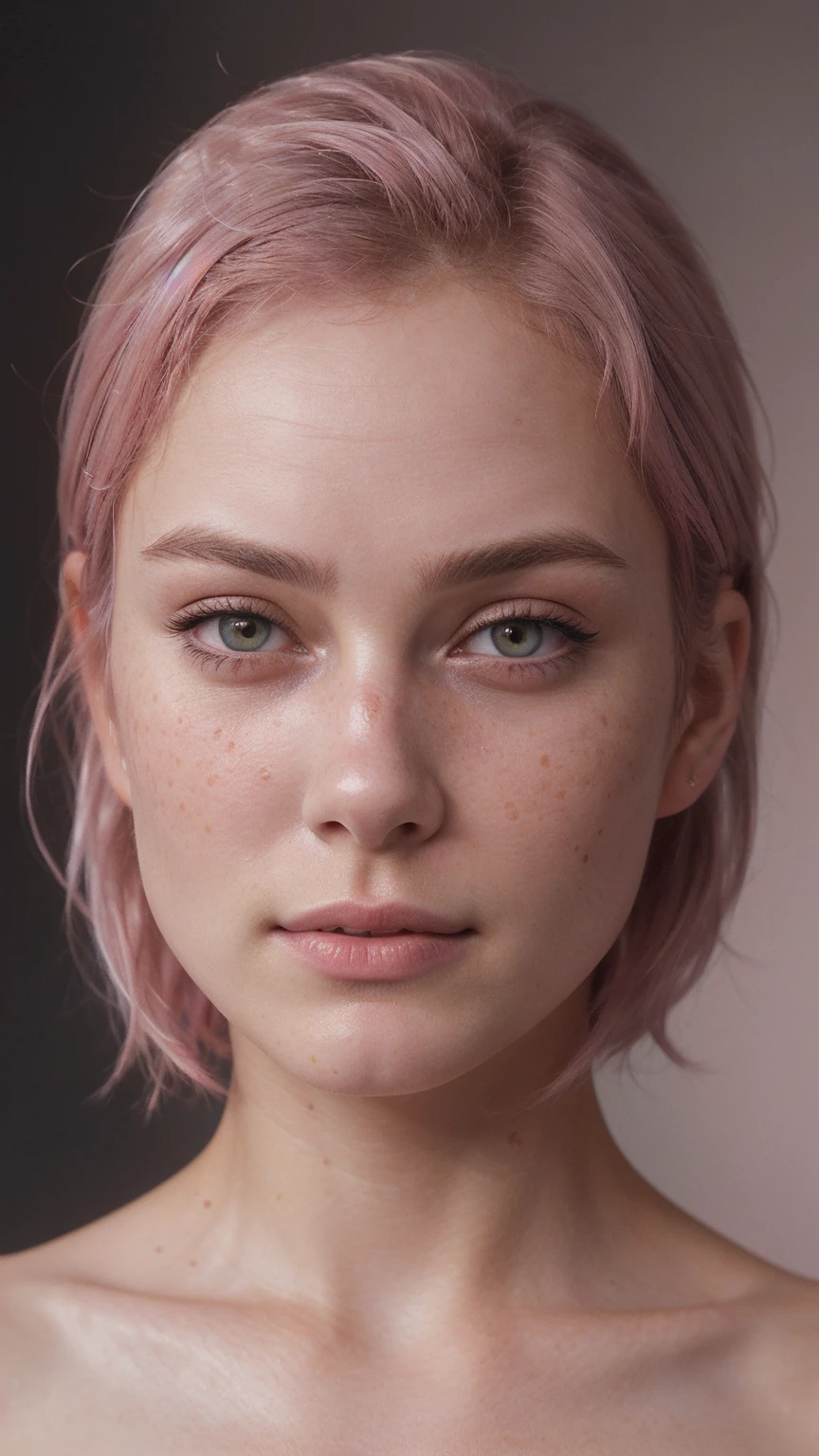 8k, RAW photo, highest quality),(epic realistic:1.5), a beautiful young girl face looking like Kiera Knightley, pink eyes, slim and young face (detailed eyes:0.8),(looking at the camera:1.4), (highest quality), (best shadow),intricate details,cinematic,((skin:1.4)),interior, (medium pink hair:1.3),dark studio,(hdr:1.5),detailed, muted colors, freckles