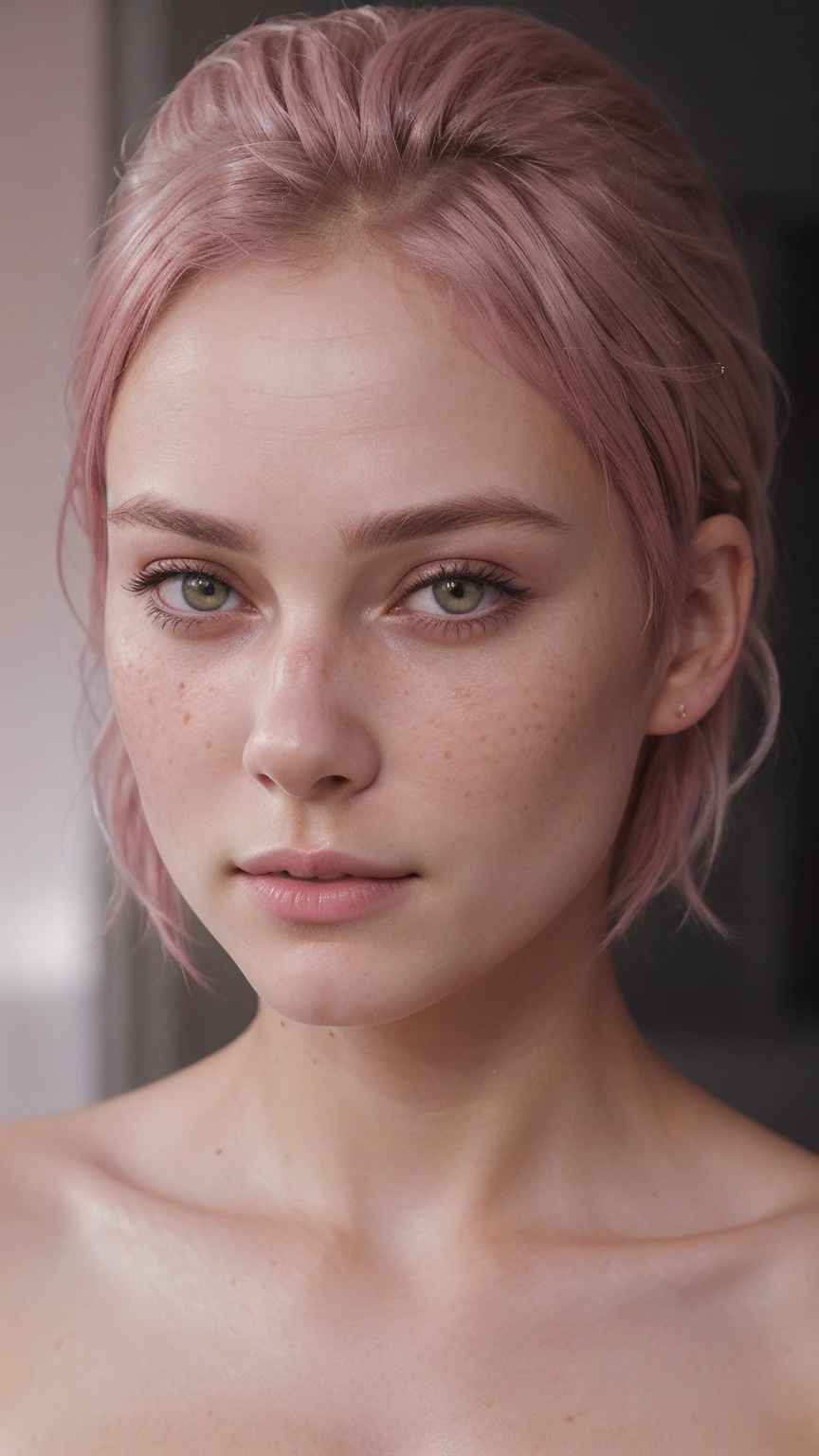 8k, RAW photo, highest quality),(epic realistic:1.5), a beautiful young girl face looking like Kiera Knightley, pink eyes, slim and young face (detailed eyes:0.8),(looking at the camera:1.4), (highest quality), (best shadow),intricate details,cinematic,((skin:1.4)),interior, (medium pink hair:1.3),dark studio,(hdr:1.5),detailed, muted colors, freckles