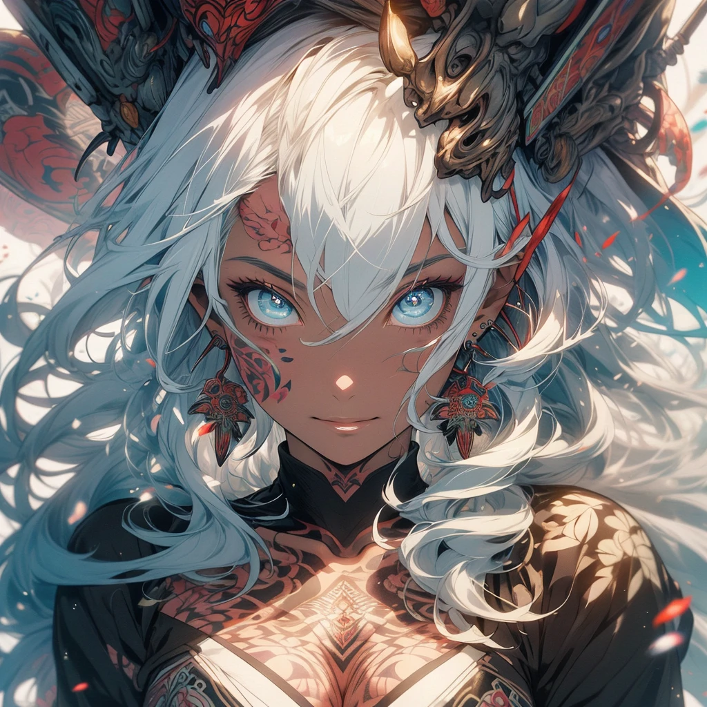(((highest quality))),(((32k))),(((girl with tattoos))),very delicate face,perfect physical beauty,(Super beautiful woman),Fancy hair color,earrings,(((big breasts))),(Emphasize cleavage),32k,mandala,Geometric pattern,coat of arms,Detailed tattoo,(((detailed eyes))),Charm,The face is beautiful,background is white,smile,Japanese sculpture,stick out tongue,Bodhidharma,Yasa,Demon Fox,