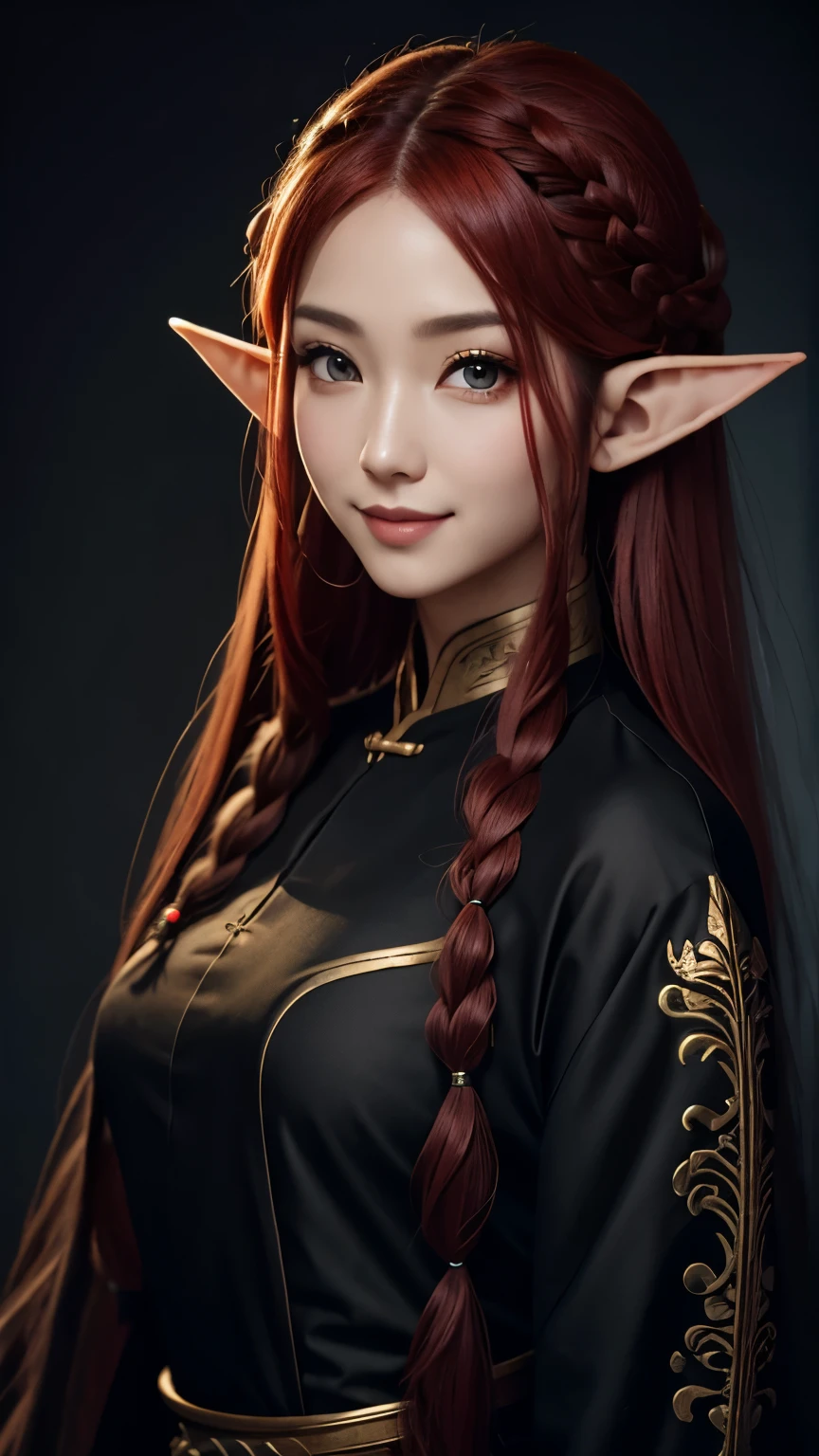 An elf woman with long braided red hair, Cat eyes, Smiling thin lips, Simple makeup, Wearing plain black Chinese clothes, Covered clothes, Looking at the viewer, Half body photoshoot, Detailed eyes, Highres, Masterpiece.