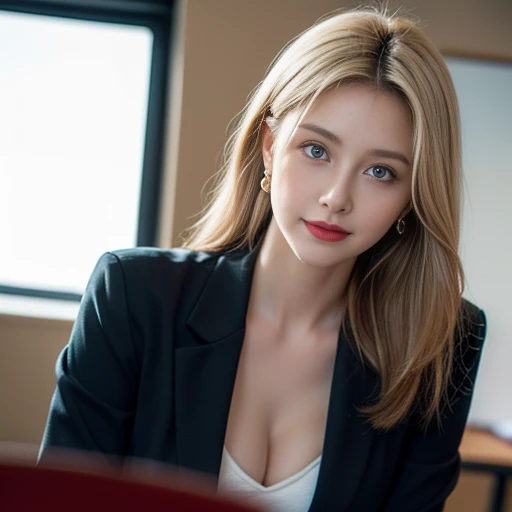 masterpiece，Highest image quality，Super details，sexy smile，amazing face and eyes,  (Extremely detailed beautiful face), (The sexiest look), Snow-white breasts，Naked of breast，Deep cleavage，(best quality:1.4), (Super detailed), (Extremely detailed CG unified 8k wallpaper), The content is very detailed, RAW photos, Professional photography, ((business suit)), (Open business shirt), Indoor and below, (Office room, Dark Night Classroom,), (night sky), depth of field,Blushed，raised eyebrows，very shy，Blonde hair, blue eyes，Ruddy complexion，looking at the audience，Dreamcatcher earrings，epic，concept art，glowing eyes，Bright Eyes，