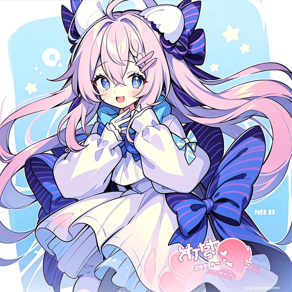 1girll, Animal ears, Pink hair, Long hair, Rabbit, Open mouth, Smile, Rabbit ears, bow, Solo, White background, dress, Pantyhose, the wall, Blue eyes, view the viewer, :D, full body, Simple background, nail polish, streaked, Holding, Arm raised, Say goodbye to hair accessories, Hairstyles, Long sleeves, Puffy sleeves, Watercolor shoes, shoes, Blue footwear, Jumps, Animal, Blush, argyle, Star (symbol), holding wand, Very long hair, ribbon,