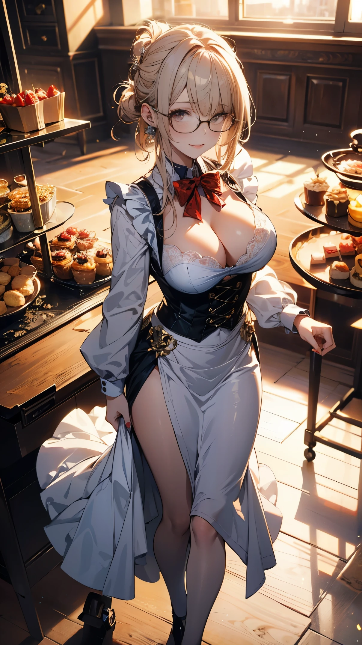 (best quality, masterpiece), (ultra high resolution, 8K RAW photo, photo realistics:1.5, cinematic lighting, textile shading, thin outline, clear focus:1.2), Beautuful Matured woman preparing tea_party in the garden, standing by the round table, serving a cup of tea, leaning forward, (meisen's tea set, tea pot, tea cups, some cakes on dish), delicate and classy French style white table with gold accents and royal_blue, (wearing brown maid uniform:1.5, breast cleavage, maid costume:1.2, long flare skirts, apron, bow ties on the chest), long tall sally, long legs, white hair, (wearing thin-flame glasses:1.2), (milf:1.5, 28 years old, solo), (large breast, sagging breast, big tits, narrow waist), (medium short white hair, hair over one eye, (updo hair:1.2), side lock, asymmetric hair, wavy hair), (fine bright pupils, high detailed eyes with highlight:1.3, high detailed face, Perfect face shape, eye rush), (seductitve smiling, half-closing eyes:1.2), (looking at viewers:1.3), (dutch angle, full body:0.7, from below:1.2), ((correct anatomy:1.5, correct hands)), (ideal ratio of body proportions), (outdoor:1.2, grass field), 