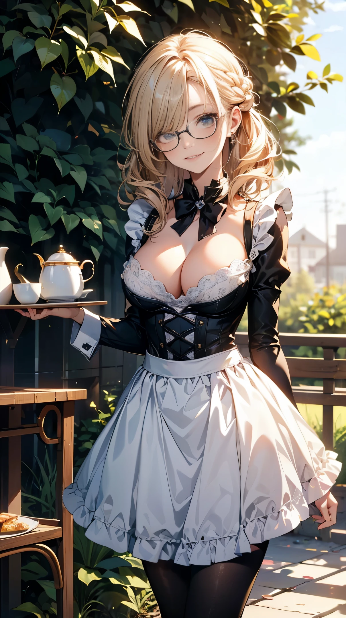 (best quality, masterpiece), (ultra high resolution, 8K RAW photo, photo realistics:1.5, cinematic lighting, textile shading, thin outline, clear focus:1.2), Beautuful Matured woman preparing tea_party in the garden, standing by the round table, serving a cup of tea, leaning forward, (meisen's tea set, tea pot, tea cups, some cakes on dish), delicate and classy French style white table with gold accents and royal_blue, (wearing brown maid uniform:1.5, breast cleavage, maid costume:1.2, long flare skirts, apron, bow ties on the chest), long tall sally, long legs, white hair, (wearing thin-flame glasses:1.2), (milf:1.5, 28 years old, solo), (large breast, sagging breast, big tits, narrow waist), (medium short white hair, hair over one eye, (updo hair:1.2), side lock, asymmetric hair, wavy hair), (fine bright pupils, high detailed eyes with highlight:1.3, high detailed face, Perfect face shape, eye rush), (seductitve smiling, half-closing eyes:1.2), (looking at viewers:1.3), (dutch angle, full body:0.7, from below:1.2), ((correct anatomy:1.5, correct hands)), (ideal ratio of body proportions), (outdoor:1.2, grass field), 