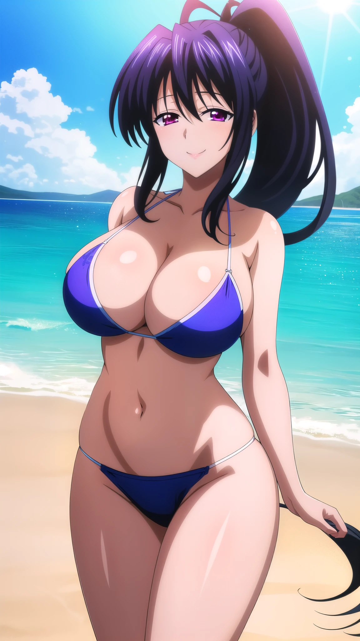 (best quality:1.5, highres, UHD, 4K, detailed lighting, shaders), himejima akeno, long ponytail, large breasts, bikini, thighs, crotch, smiling, sexy, erotic, lewd, perverted, seductive, standing, pov, close shot, beach background