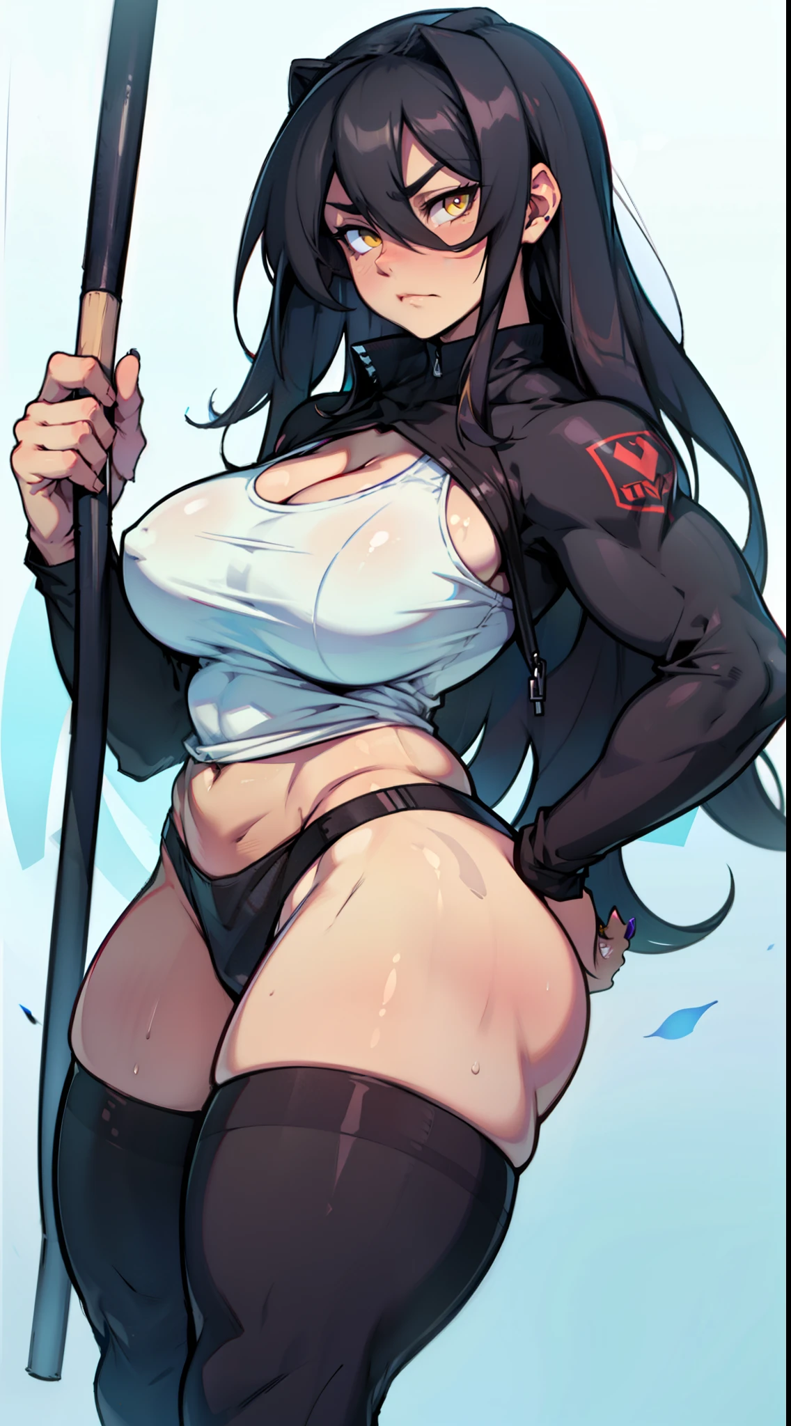 muscular girl thick breasts black hair yellow eyes pale skin best quality sad frown thick long hair hair between eyes