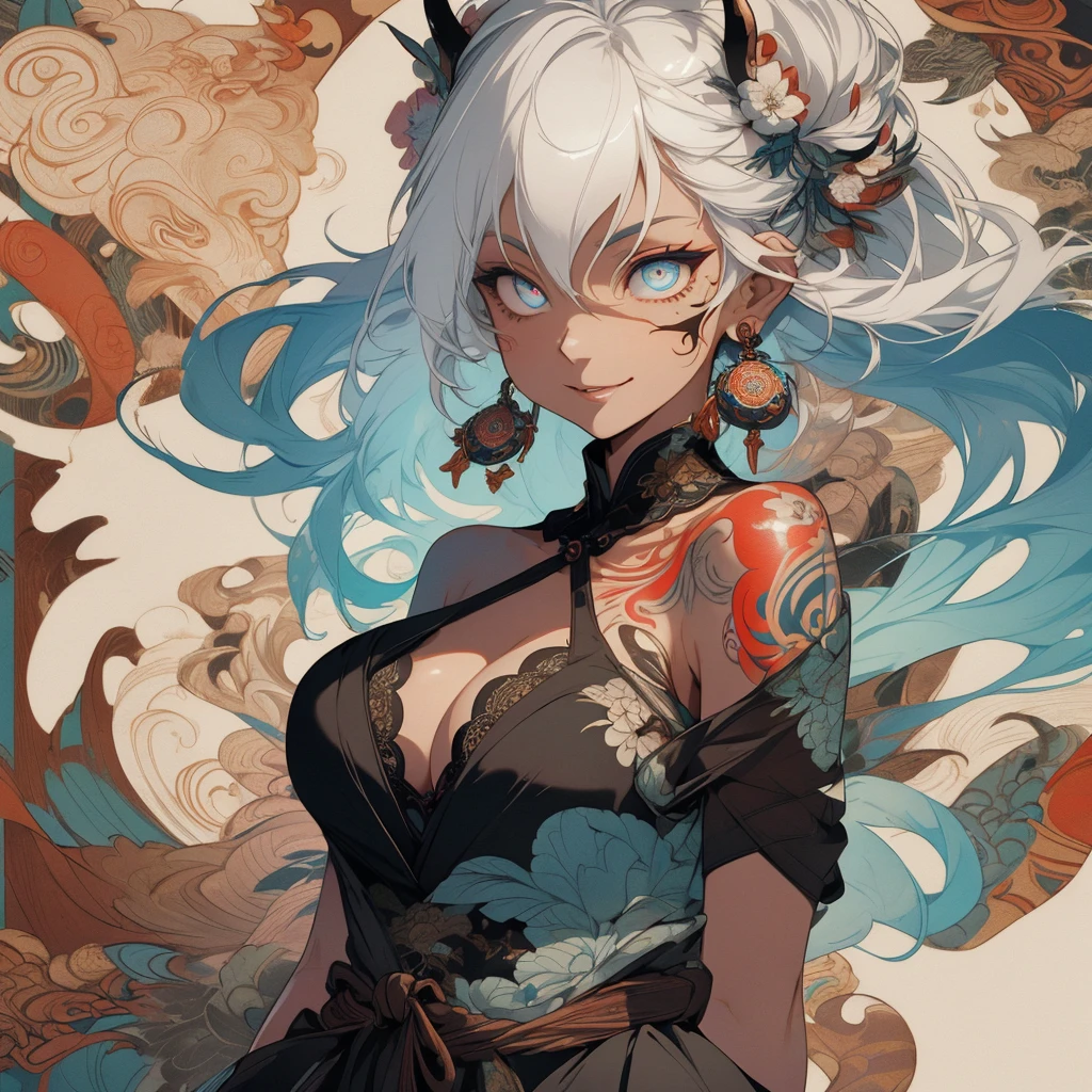 (((highest quality))),(((32k))),(((girl with tattoos))),very delicate face,perfect physical beauty,(Super beautiful woman),Fancy hair color,earrings,(((big breasts))),(Emphasize cleavage),32k,mandala,Geometric pattern,coat of arms,Detailed tattoo,(((detailed eyes))),Charm,The face is beautiful,background is white,smile,Japanese sculpture,stick out tongue,Bodhidharma,Yasa,Demon Fox,