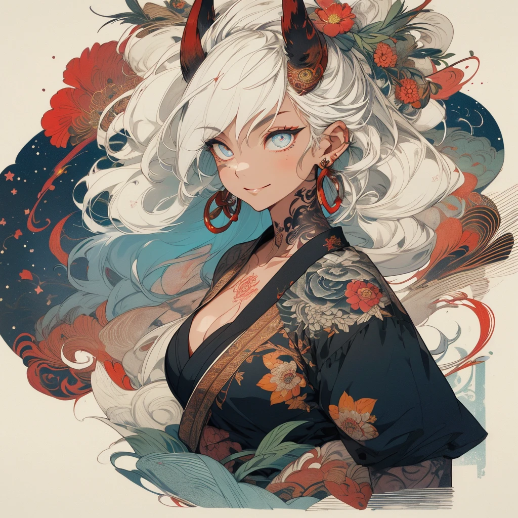 (((highest quality))),(((32k))),(((girl with tattoos))),very delicate face,(perfect physical beauty),(Super beautiful woman),Fancy hair color,earrings,(((big breasts))),(Emphasize cleavage),mandala,Geometric pattern,coat of arms,Detailed tattoo,(((detailed eyes))),Charm,The face is beautiful,background is white,smile,Japanese sculpture,stick out tongue,Bodhidharma,Yasa,Demon Fox,Japanese style,Buddha,detailed perfect arms,split tongue,