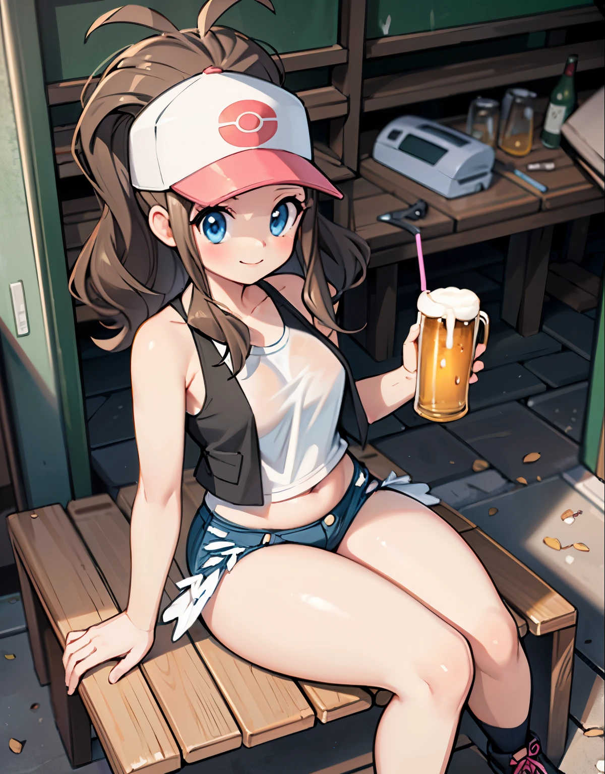 (best quality, highres, masterpiece:1.2), ultra-detailed, realistic:1.37, sketches, hilda pokemon, def1, curvy girl, legs together, curvy, visible thighs, chubby thighs, thighs in the foreground, body shape, sitting in a bench, Alone in a abandoned warehouse, dirty place, beer bottles, drink beer, holding a beer, trash on the floor, graffiti on the wall, watched by a crowd of men, they observe her body, vibrant colors, nervous look, fearful, afraid, timorous smile, looking_at_viewer, bis ass, wide hips, fullbody, high angle shot, high angle, she tries to hide her thighs with her hands