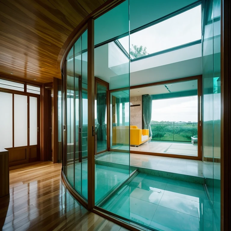 The interior of a house is made of loosely curved glass walls.。