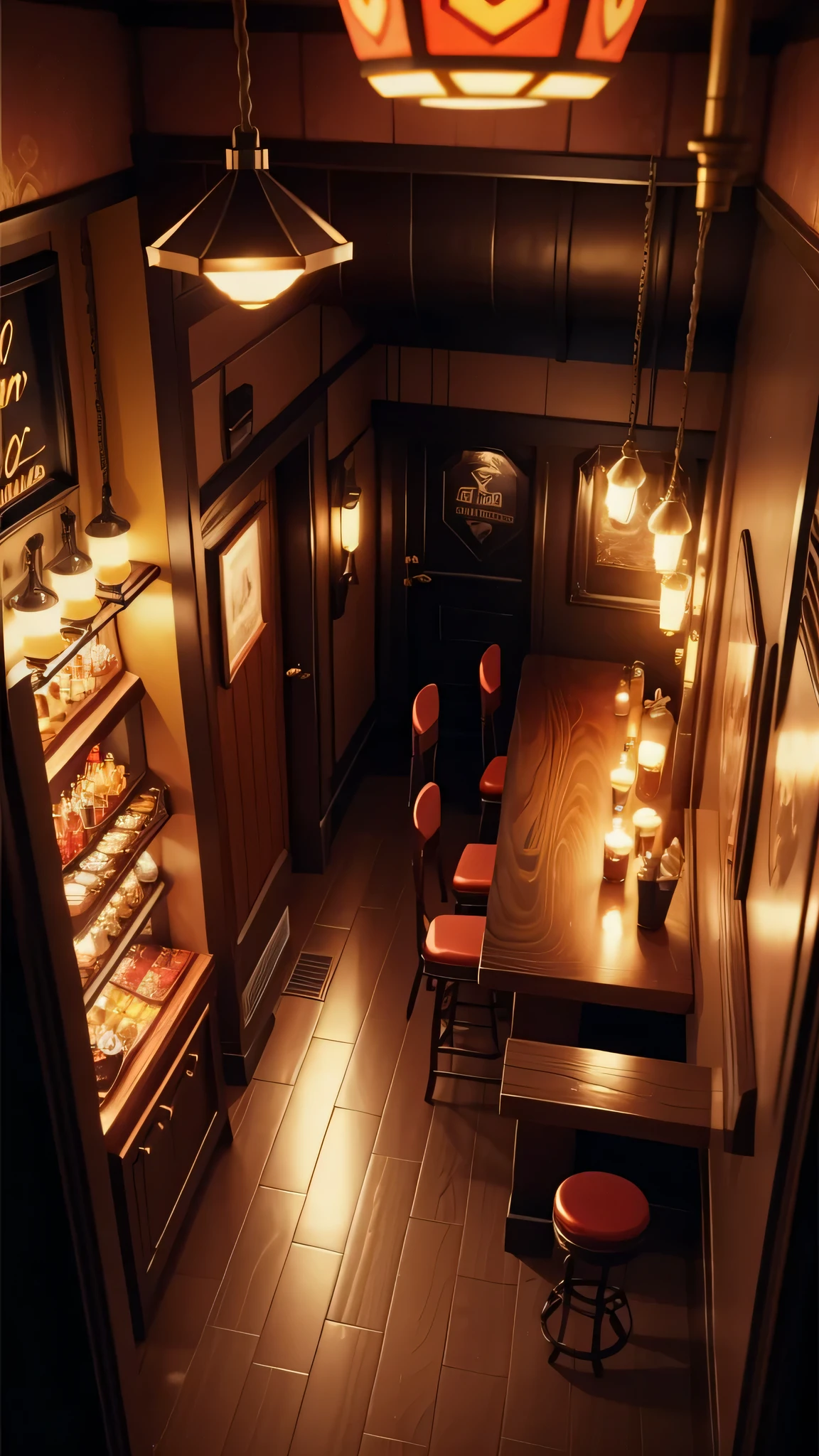 From above，looking from above，Positive perspective，Cyberpunk speakeasy background, diner background, Bar background, tavern background, Mobile game background, fantasy tavern background, lounge background, Showcase, personal room background, 1128x191 resolution, upscale restaurant,