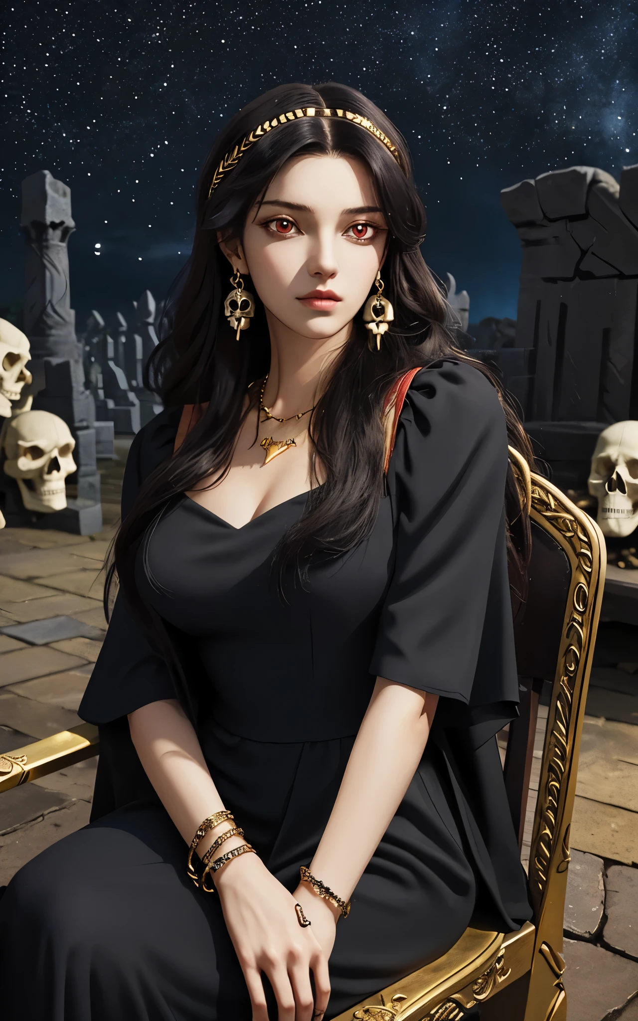 1 girl, solo, details, masterpiece, best quality, photorealistic realism, beautiful girl, long hair, black hair, skull headband,  gold earrings, red eyes, beautiful face, skull necklace, perfect body, large breast, open chest, black long dress, skull bracelet, hold instrument, sit on ancient chair, dark sky, dark temple, 