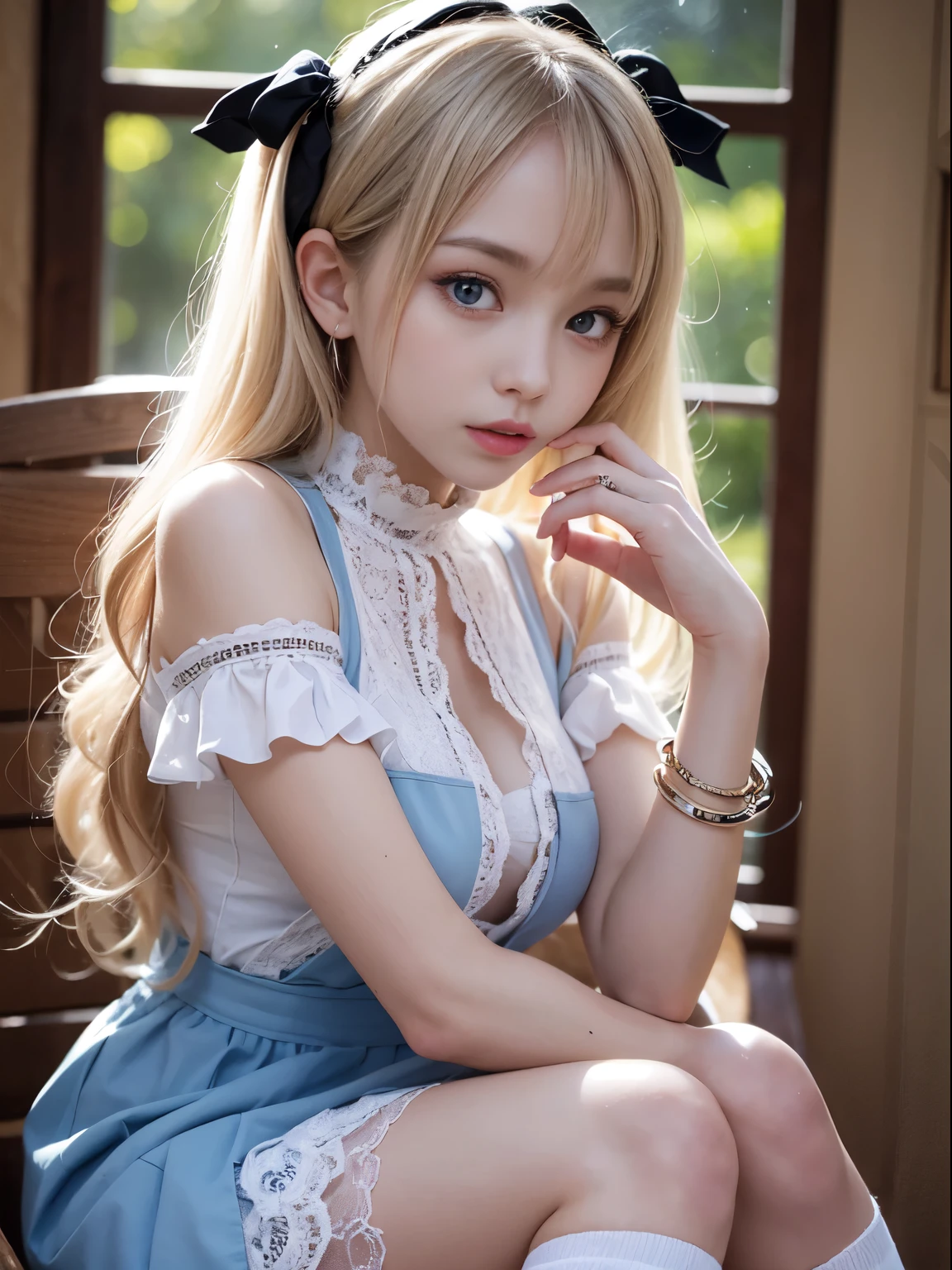 Portrait、alice in wonderland、blue sky、Bright and very beautiful face、young shiny glossy white shiny skin、best beauty、Platinum blonde hair with dazzling highlights、Super long straight hair、Shining beautiful bangs、Glowing crystal clear big blue eyes、very beautiful nice nice beautiful girl、white apron、blue clothes,(((Striped knee socks))),break,Full body Esbian