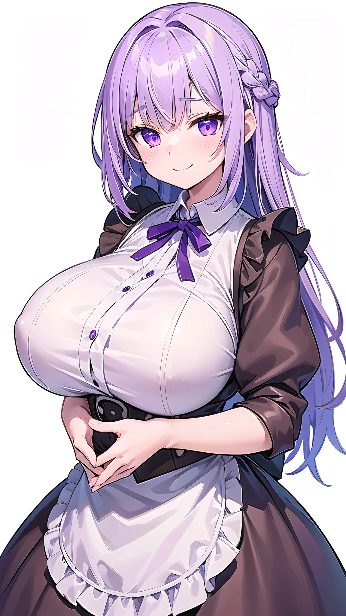 1 girl, game cg, brown short frilled dress, small apron, ((gigantic breasts)), light purple hair, long hair, french braid, purple eyes, smile, white background, own hands clasped,