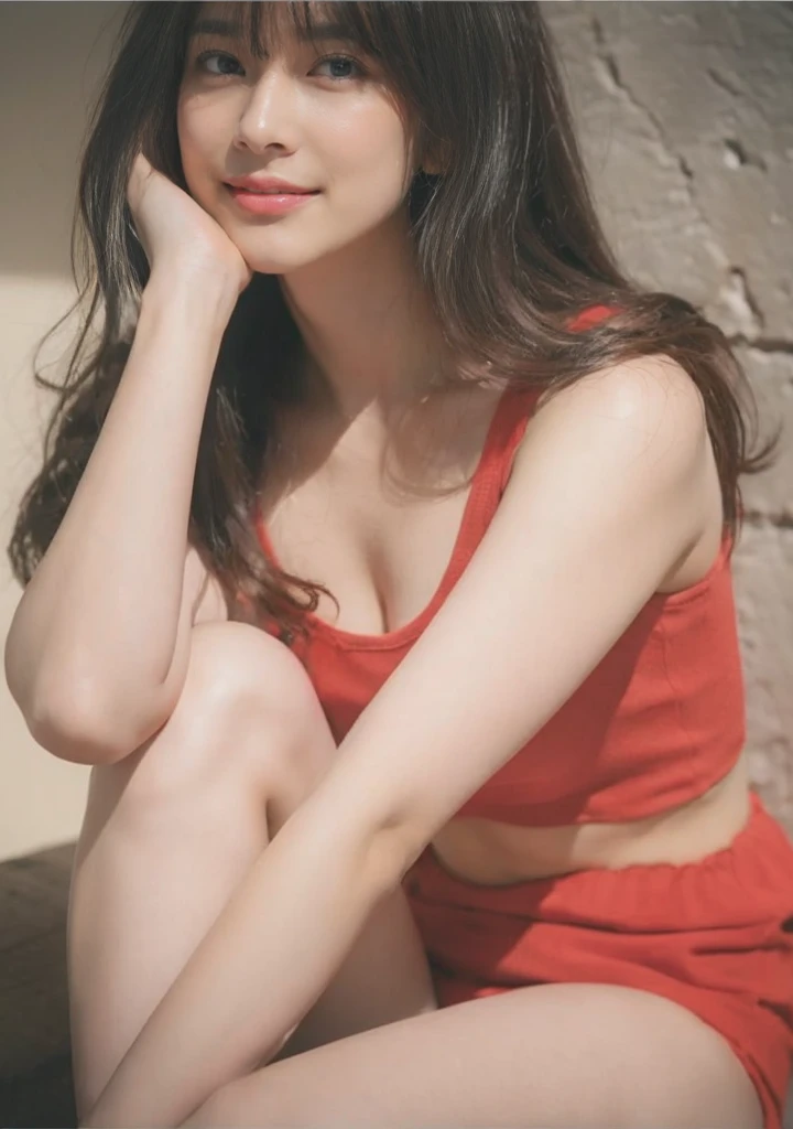 (on the table, best quality, realistically, Super detailed, meticulous, high resolution, 8k wallpaper), Close-up portrait of a beautiful woman, Chariada, smiling, light brown messy hair, Perfect dynamic composition, 美丽meticulous的眼睛, Just like the cover of a fashion magazine, on campus