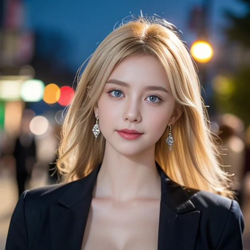 masterpiece,Highest image quality,Super details,sexy smile,amazing face and eyes, (Extremely detailed beautiful face), (The sexiest look), Snow-white breasts,Naked of breast,Deep cleavage,(best quality:1.4), (Super detailed), (Extremely detailed CG unified 8k wallpaper), The content is very detailed, RAW photos, Professional photography, ((business suit)), Outdoor and below, (No man's street, Dark Night Commercial Street,), (night sky), depth of field,Blushed,raised eyebrows,very shy,Blonde hair, blue eyes,Ruddy complexion,looking at the audience,Dreamcatcher earrings,epic,concept art,glowing eyes,Bright Eyes,