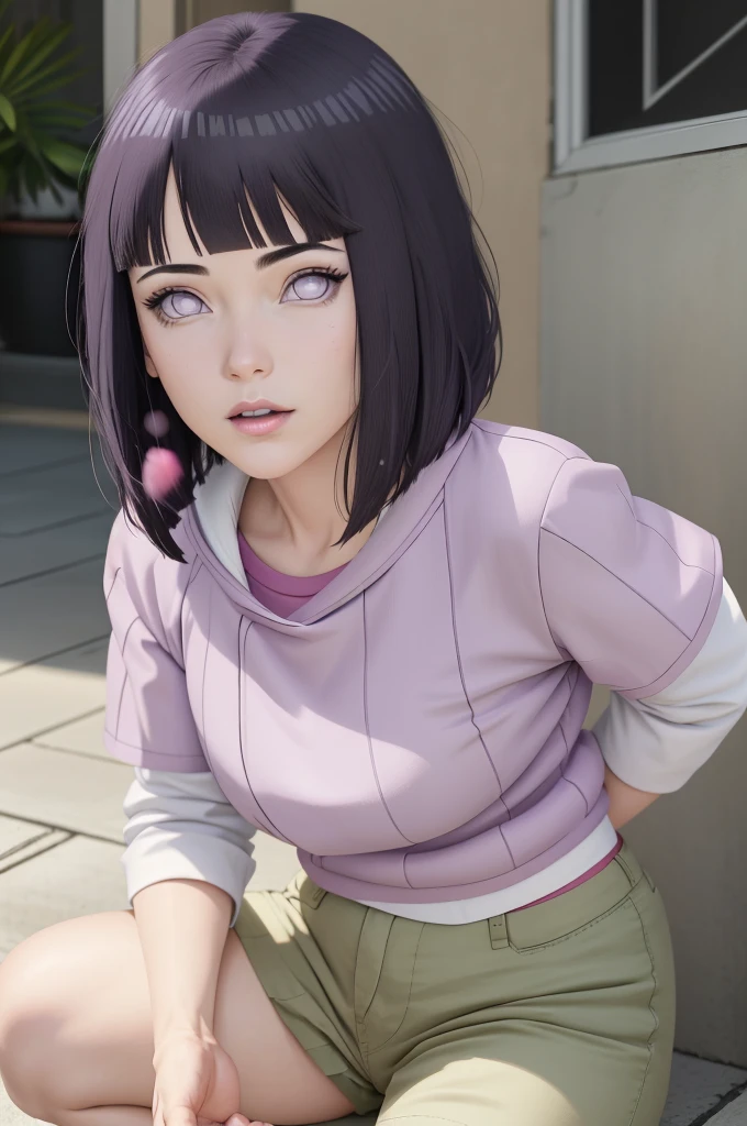 master part, absurdos, Hinata\(Boruto\), 1girl, sozinho,Mature female, Capuz roxo,mangas em camadas, brown pants, ao ar livre, Cloudy sky, perfect composition, circunstanciado lips, peito grande, beautiful face, body propotion, corar, (pink lips), cabelos pretos curtos, lilac eyes, olhar suave, super realistic, circunstanciado, Photo Session, rosto e corpo realistas, Realistic hair, olhos realistas, nariz realista, realistic lips, brown pants, anime, andando sob as petalas de flores, lilac sneakers