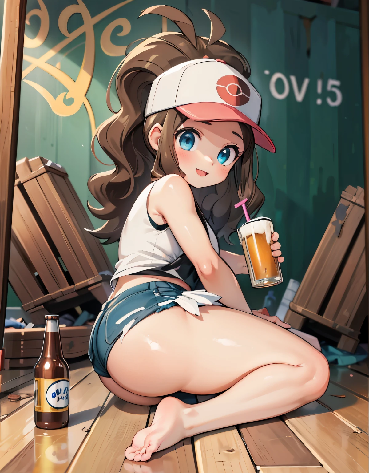 (best quality, highres, masterpiece:1.2), ultra-detailed, realistic:1.37, sketches, hilda pokemon, def1, curvy girl, legs together, curvy, visible thighs, chubby thighs, thighs in the foreground, body shape, 1man, she is sitting on the legs of a mature man, Alone in a abandoned warehouse, dirty place, beer bottles, drink beer, holding a beer, trash on the floor, graffiti on the wall, watched by a crowd of men, they observe her body, vibrant colors, nervous look, fearful, afraid, timorous smile, looking_at_viewer, bis ass, wide hips, fullbody, high angle shot, high angle, she tries to hide her thighs with her hands