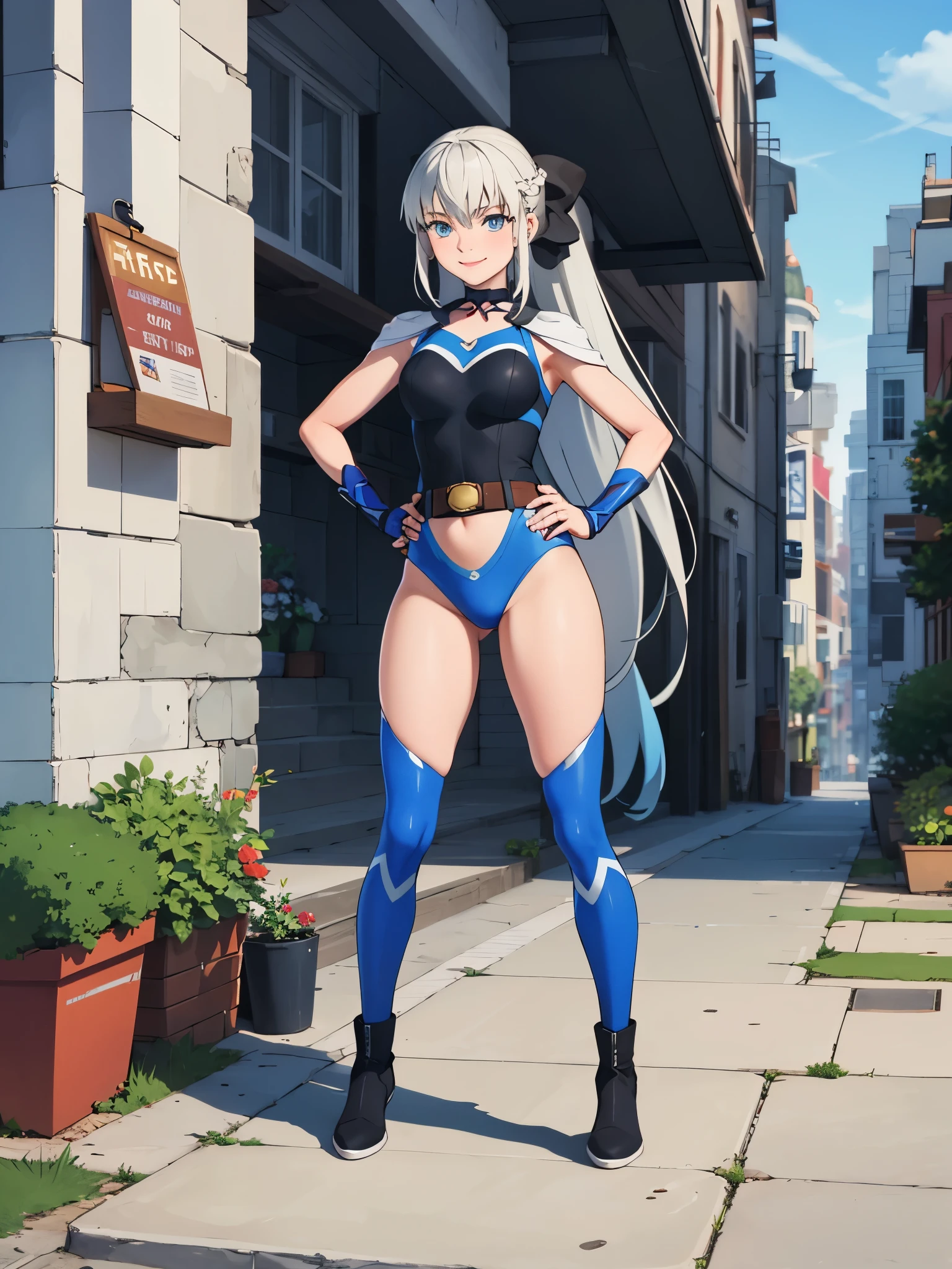 (masterpiece, best quality:1.2), solo, 1girl, morgan le fay, smile, looking at viewer, long grey hair, braid, ponytail, hair bow, superhero, leotard, bare legs, boots, standing, solo focus, tight belt, hands on hip, full body shot, mature lady, city backdrop