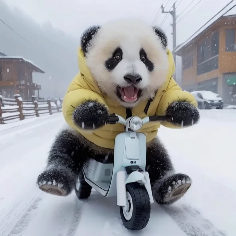 panda bear riding a scooter in the snow with a yellow jacket, cute panda, panda panda panda, panda, a cute giant panda, 4 8 0 p, 480p, 9 quack, looks cool, by Fei Danxu, author：Yang Jie, Super realistic picture, sha xi, 🚿🗝📝, Image source：national geographic, 720p