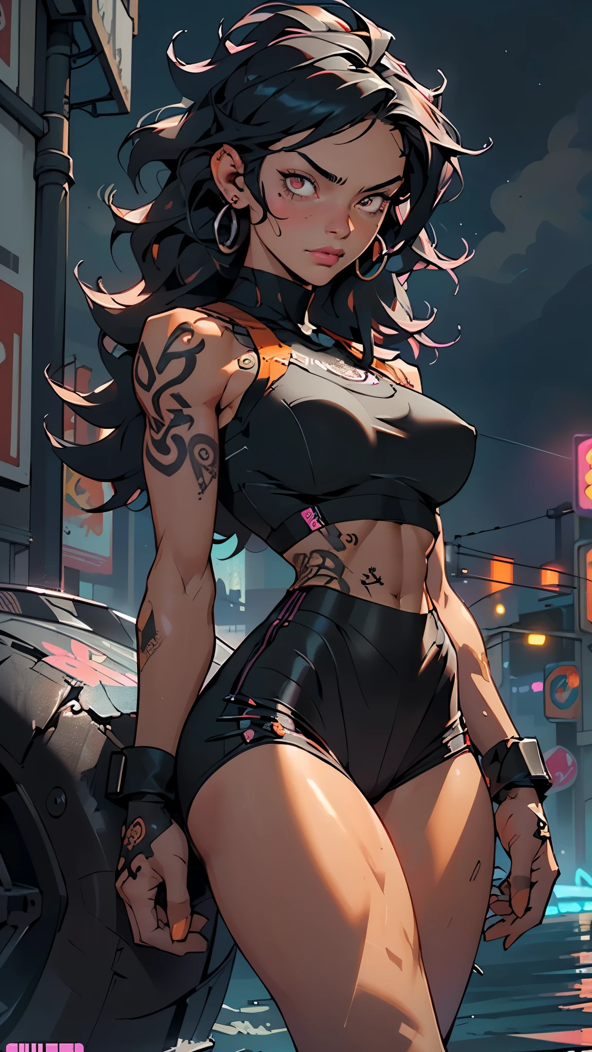 girl sporty,((attractive and muscular girl)),(tomboy),
(large breasts:1.4),saggy breasts,(((black hair:1.35,curly hair, disheveled hair:1.3,very long hair:1.4,colored inner hair,ear breathing))),((heterochromia:1.5, (orange_eye and red_eye))),intricate eyes,beautiful detailed eyes,symmetrical eyes,(((lustrous skin:1.5,bright skin: 1.5,skin tanned,shiny skin,very shiny skin,shiny body,plastic glitter skin,exaggerated shiny skin,illuminated skin, wet legs))),(spider lower abdomen,narrow waist,wide hip,athletic body,inflated legs, thick thighs,detailed body),(((muscle legs,muscular thighs,muscular girl,strong and muscular,bodybuilder,strong body,muscular,feminine and muscular,ABS))),(detailed face),(((tattoos:1.5))),
cute,slutty,seductive,erotic,(((nsfw))),
zettai ryouiki,((tight sports bra, tight sports panties, ((orange and black clothes)))),((wet clothes,intricate outfit,intricate clothes)),
(dynamic pose:1.0),annoyed,(centered,scale to fit dimensions,Rule of thirds),
cyberpunk city by the ocean at night, with bright neon signs and dark stormy clouds and puddles, scenery:1.25,nighttime, starry night, cosmos,Very dark night that makes the neon lights stand out, very bright neon lights,
artistic photography,(photography taken by sldr),highres, sharp focus,(ultra detailed, extremely detailed), (photorealistic artwork:1.37),(extremely detailed CG unity 8k wallpaper),((synthwave background theme)),(((vibrant colors))),intricate,(intricate background),(masterpiece),(best quality),perfect rendered face,perfect face details,realistic face,photo realistic,analog style,((intricate detail)),(((realism))),