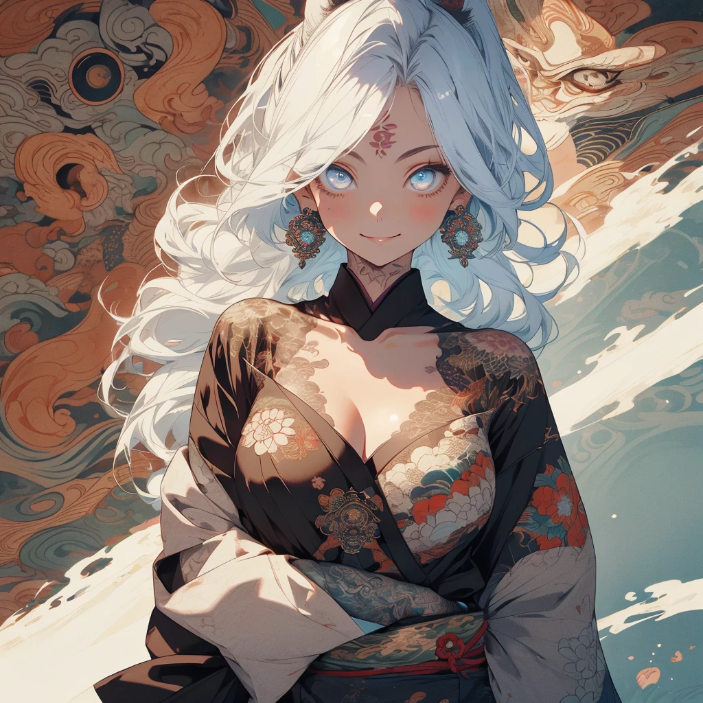 (((highest quality))),(((32k))),(((girl with tattoos))),very delicate face,perfect physical beauty,(Super beautiful woman),Fancy hair color,earrings,(((big breasts))),(Emphasize cleavage),mandala,Geometric pattern,coat of arms,Detailed tattoo,(((detailed eyes))),Charm,The face is beautiful,background is white,smile,Japanese sculpture,stick out tongue,Bodhidharma,Yasa,Demon Fox,Japanese style,Buddha,