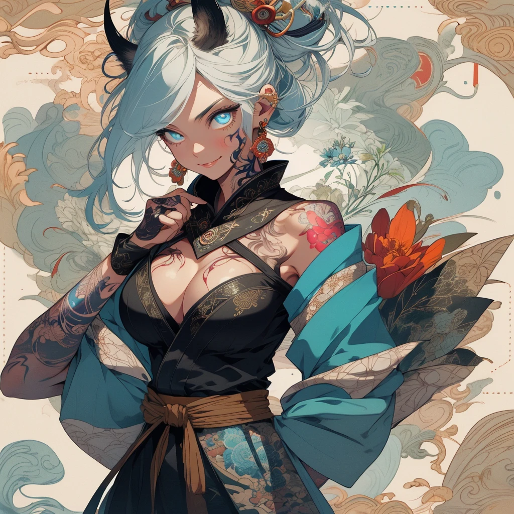 (((highest quality))),(((32k))),(((girl with tattoos))),very delicate face,perfect physical beauty,(Super beautiful woman),Fancy hair color,earrings,(((big breasts))),(Emphasize cleavage),mandala,Geometric pattern,coat of arms,Detailed tattoo,(((detailed eyes))),Charm,The face is beautiful,background is white,smile,Japanese sculpture,stick out tongue,Bodhidharma,Yasa,Demon Fox,Japanese style,Buddha,
