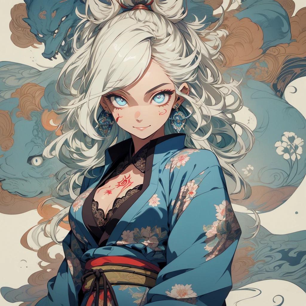 (((highest quality))),(((32k))),(((girl with tattoos))),very delicate face,perfect physical beauty,(Super beautiful woman),Fancy hair color,earrings,(((big breasts))),(Emphasize cleavage),mandala,Geometric pattern,coat of arms,Detailed tattoo,(((detailed eyes))),Charm,The face is beautiful,background is white,smile,Japanese sculpture,stick out tongue,Bodhidharma,Yasa,Demon Fox,Japanese style,Buddha,
