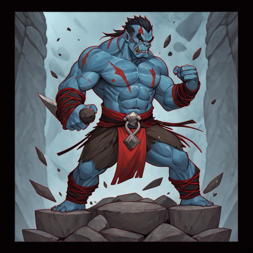 A Orc with blue-gray skin and red veins karate chopping rocks into submission, in card art style
