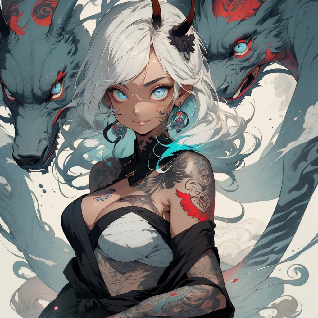 (((highest quality))),(((32k))),(((girl with tattoos))),very delicate face,perfect physical beauty,(Super beautiful woman),Fancy hair color,earrings,(((big breasts))),(Emphasize cleavage),32k,mandala,Geometric pattern,coat of arms,Detailed tattoo,(((detailed eyes))),Charm,The face is beautiful,background is white,smile,Japanese sculpture,stick out tongue,Bodhidharma,Yasa,Demon Fox,