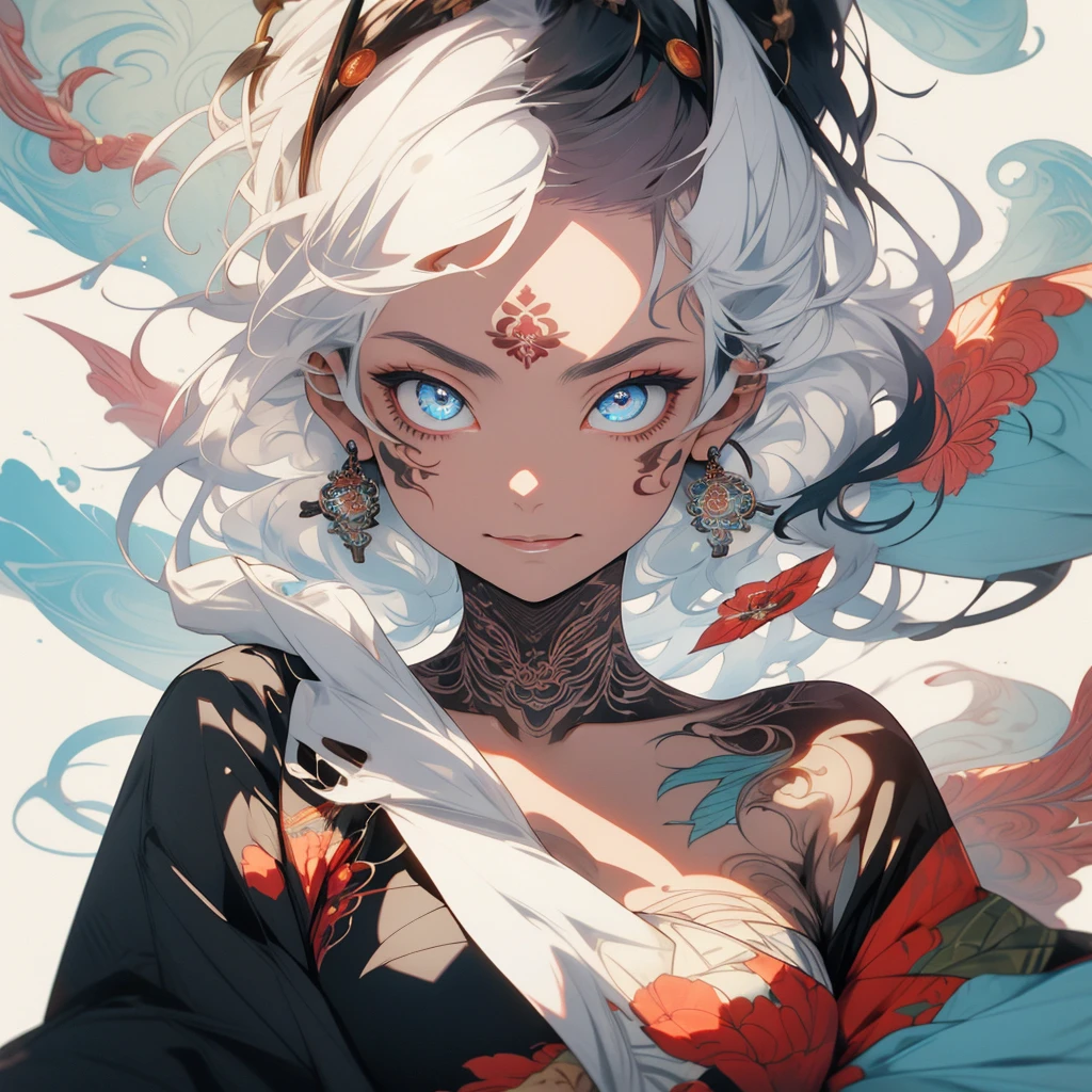 (((highest quality))),(((32k))),(((girl with tattoos))),very delicate face,(perfect physical beauty),(Super beautiful woman),Fancy hair color,earrings,(((big breasts))),(Emphasize cleavage),mandala,Geometric pattern,coat of arms,Detailed tattoo,(((detailed eyes))),Charm,The face is beautiful,background is white,smile,Japanese sculpture,stick out tongue,Bodhidharma,Yasa,Demon Fox,Japanese style,Buddha,detailed perfect arms,split tongue,