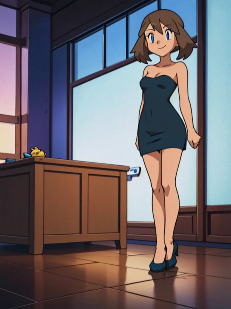 masterpiece, Best Quality, hight resolution, indoor, 1 girl, Solo, May (A pokémon), blue eyes, short brown straight hair, bare shoulders, bare arms, black strapless dress, black sweetheart mini dress, indoor room, closed mouth, smile, seductive, standing up 