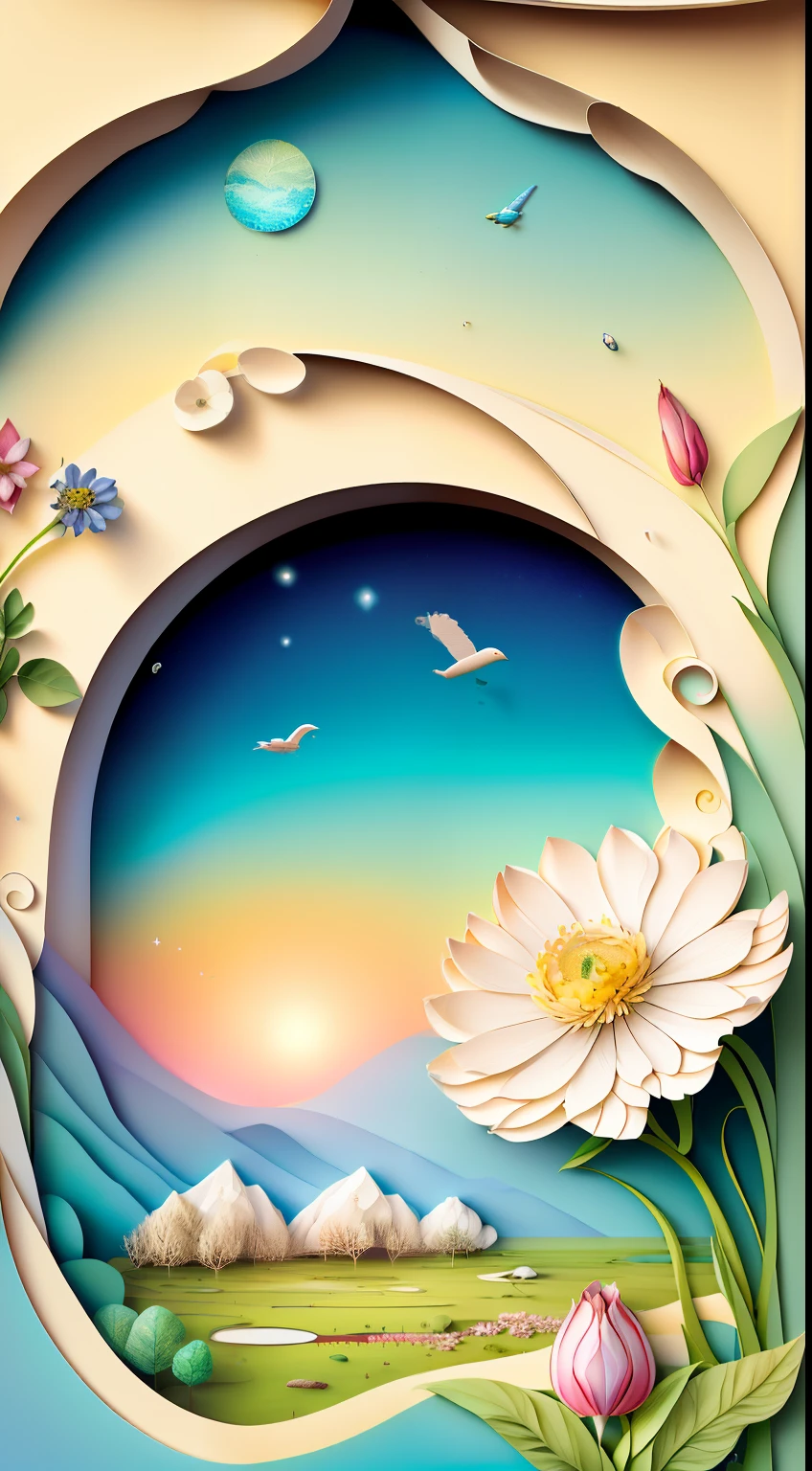 Natural and organic representations of vast landscapes，Cielo y estepa，Flores de Kelsang，Nubes，gran viento，Characteristics of earth tones and botanical motifs，Retirar las conexiones con la naturaleza y el medio ambiente，Influenced by botanical illustrations or environmental art，Soft lighting,(warm color:1.15),Detalles exquisitos de la mejor calidad,Renderizado 3D de
