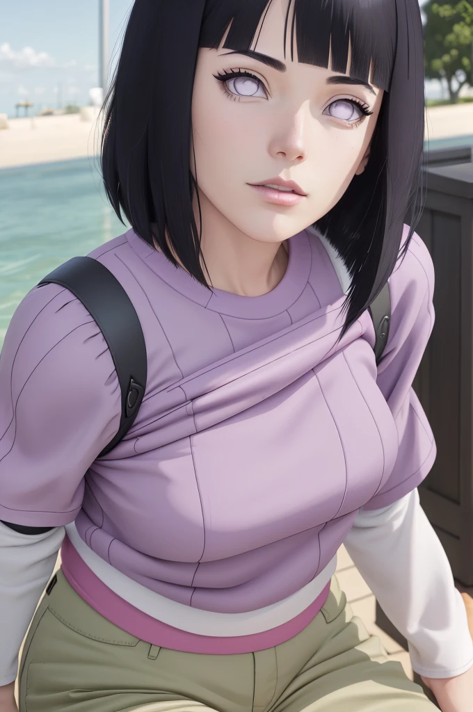 master part, absurdos, Hinata\(Boruto\), 1girl, sozinho,Mature female, Capuz roxo,mangas em camadas, brown pants, ao ar livre, Cloudy sky, perfect composition, circunstanciado lips, peito grande, beautiful face, body propotion, corar, (pink lips), cabelos pretos curto (black hair), lilac eyes, olhar suave, super realistic, circunstanciado, Photo Session, rosto e corpo realistas, Realistic hair, olhos realistas, nariz realista, realistic lips, brown pants, anime, andando sob as petalas de flores, lilac sneakers