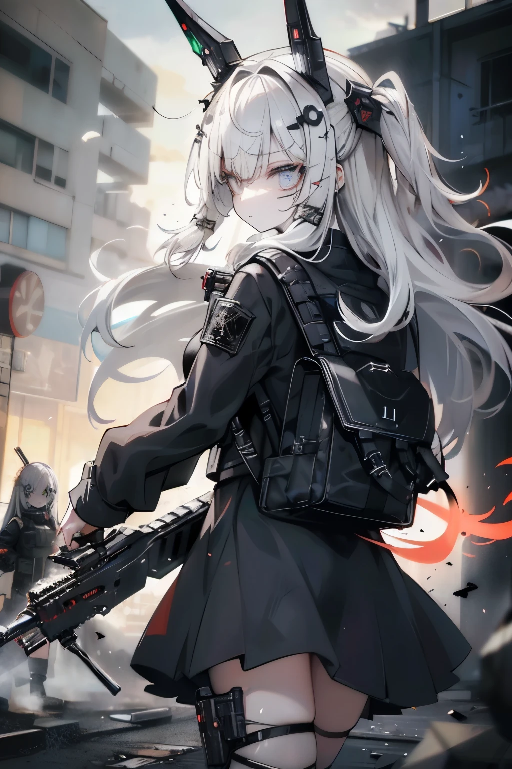 {{Masterpiece, top quality, highly detailed CG, unified 8k wallpaper, movie lighting, lens flare}}, 1 girl holding a rifle through the wall, wide view, thick body, long blonde hair soaring in the wind, green eyes, (holding a weapon, holding a rifle, aiming, aiming: 1.4), gun, h&k hk416, carbine, open fire, rubble, ruins of conflict areas, plumes, nitric smoke, blast waves, Flying bullets, sniper, 35mm, f/1.8, night, blue eyes