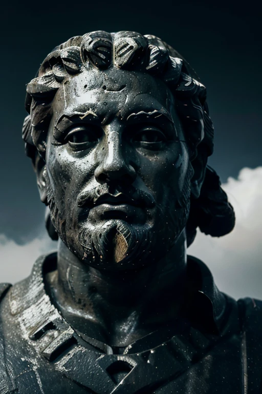 A dark landscape image of an ancient greek society deeply connected to stoicism, black and white, ancient greek architecture, include one single big statue of a stereotypical strong greek man, marcus aurelius
